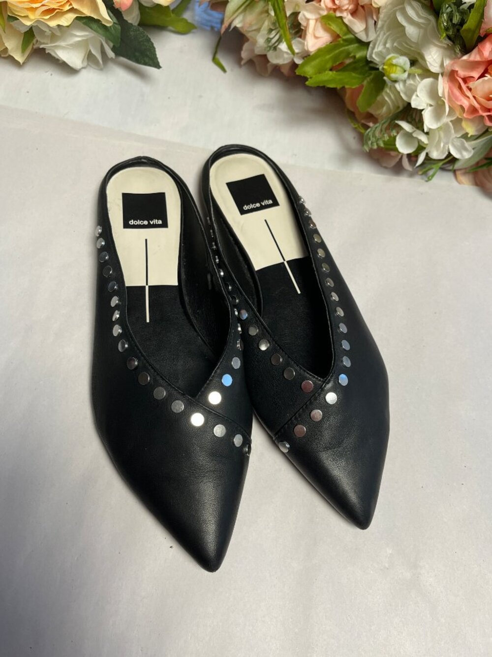 Dolce Vita Ramsay Leather Studded Pointed Toe Mule Flats Black Silver Size 7.5